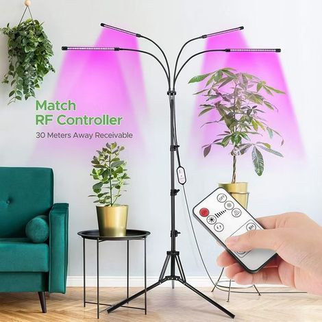 Lampe de culture LED sur pied à spectre complet – 4 têtes, avec minuterie et télécommande, hauteur réglable jusqu'à 1,6 m.-AquaForge
