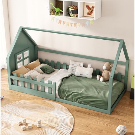 Letto Bambino 90x200 cm in Pino e MDF, Forma Casa Verde, Design Giocoso e Linee Pulite (1/5)