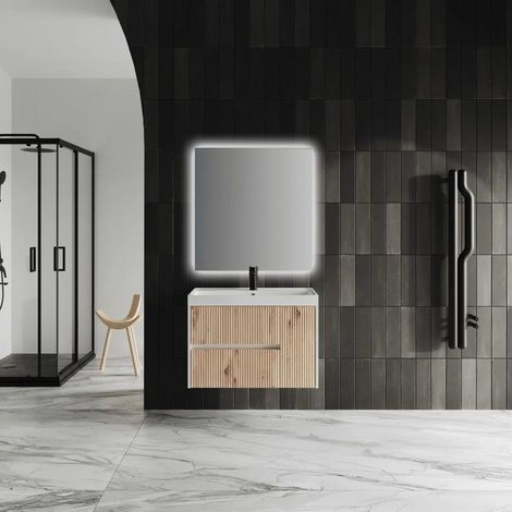 Meuble De Salle De Bains Avec Vasque 80Cm Chêne Doré Cannelé Cortina (1/5)