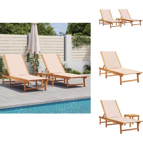 Chaises longues lot de 2 table crème bois d'acacia et textilène - Chaise Longue - Transat - Lit De Soleil - Lit De Bronzage - Mobilier De Jardin (1/5)