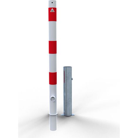 Schake Absperrpfosten herausnehmbar aus Stahlrohr verzinkt Ø102x2,9mm weiß mit rot reflektierenden Leuchtstreifen, Dreikantverschluss und Stahlkappe 900mm Überflur
