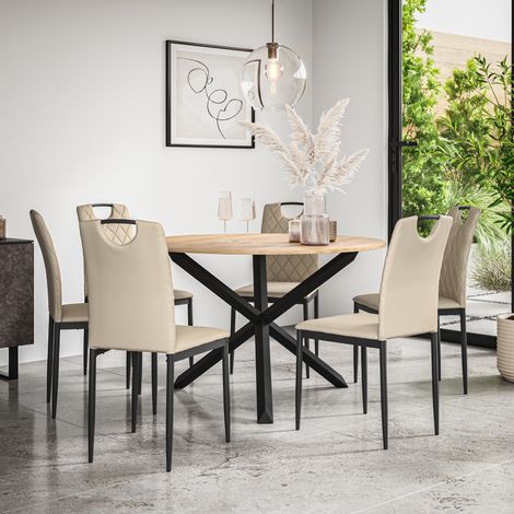 Malvern Round Dining Table And Chairs - Oak Table Top w Solid Oak Black Legs + Monza Faux Leather Dining Chair Set Of 6 (Beige) (1/5)