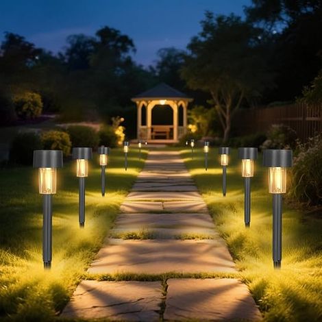 Solar Garden Bollards, Pack of 12 LED Lights, Warm White 3000K (1/3)