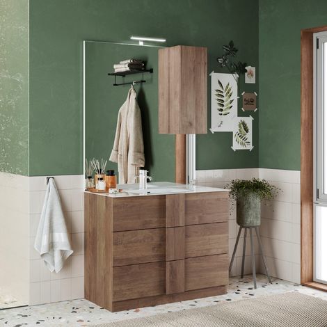 Meuble vasque en bois 100cm + vasque + miroir + colonne TERRA (1/5)