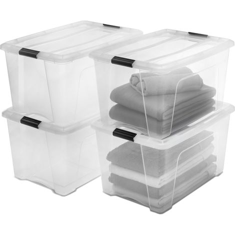 Iris Ohyama, Lot de 4 boîtes de rangement plastique 45L, Transparent, SB-45