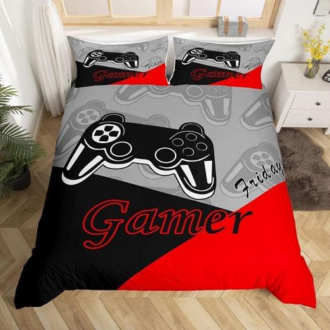 Bettwäsche Set Gamer Controller 220x240 cm Schwarz Rot Grau Mikrofaser
