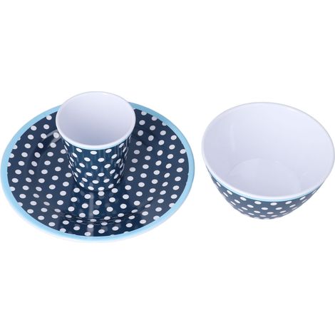Assiettes, bols et verres en mélamine imitation céramique 3 pièces, bleu foncé à pois, pour salade (1/5)