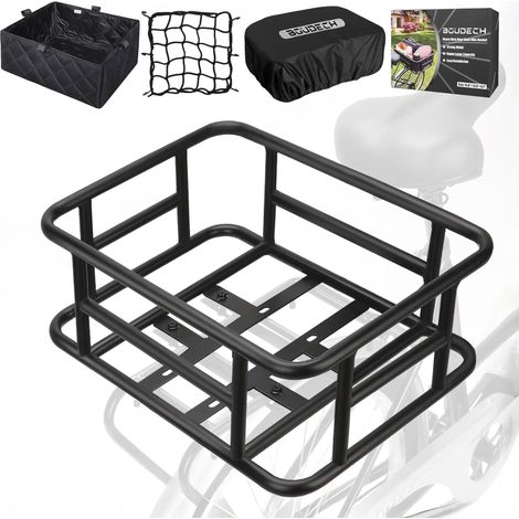 Keeper - Panier arrière pour vélo avec pochette en tissu, filet élastique et couvercle en métal noir (1/5)