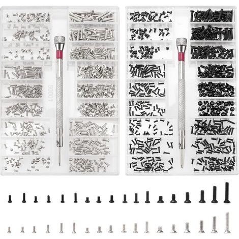 1000-teiliges Mikro-Reparaturschrauben-Set M1.2, M1.4, M2, sortierte Edelstahlschrauben mit Schraubendreher, silber und schwarz (1/5)