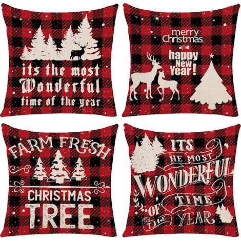 Funda De Almohada Navideña - Lino De Algodón 100% - Diseño Árbol De Navidad Ciervo Copo De Nieve - Para Cojín 45 X 45 Cm - Pack De 4 (1/5)