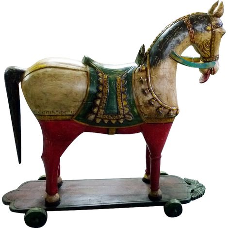 Painted wooden W45xDP151xH155 cm sized wheeled horse (1/5)