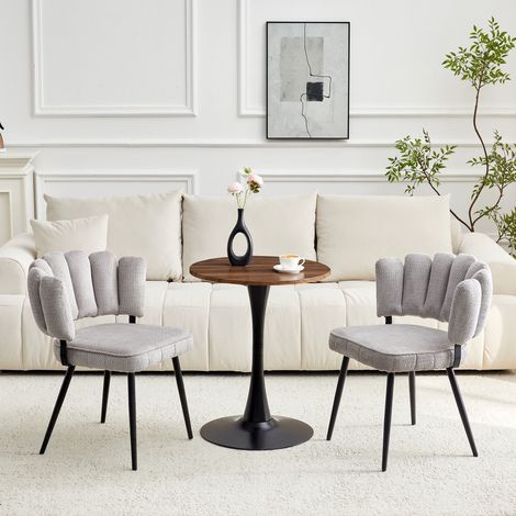 CAIziEnsemble table et chaises: table ronde de 60 cm en MDF avec pied central noir, avec 2 chaises de salle à manger grises à dossier pétale en tissu lin texturé et pieds en métal noir.