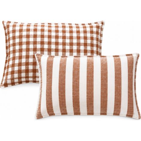 Housse de coussin recto-verso 100% coton rayures et vichy LOURMARIN Terracotta 45x70 cm (1/5)