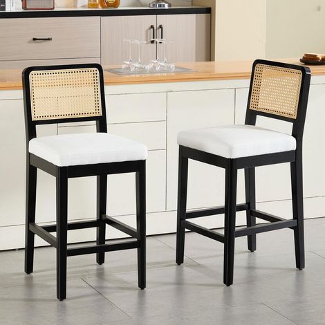 Barhocker 2er Set mit Rattan Rückenlehne und Holzbeinen, Leinen Sitz, Beige (1/5)