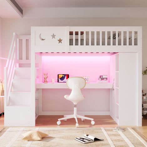 Letto a soppalco 90/200 cm bianco con scrivania, LED, prese e contenitore (1/5)