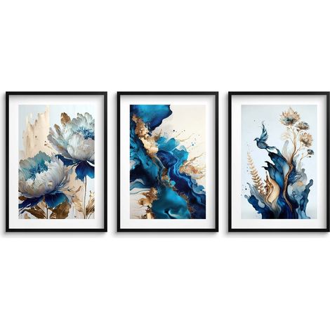 Peinture murale dans un cadre noir Affiches pour le salon chambre Fleurs avec de l'or (1/5)