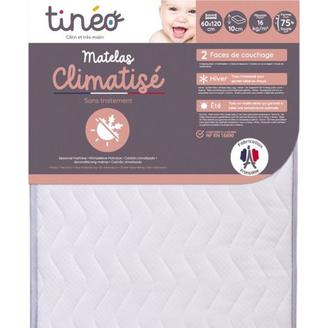 Matelas Climatisé TINEO 60x120x10cm - Matelas Bébé - Climatisé - 1 Face Été - 1 Face Hiver - Sans Traitement - Fabriqué E (1/5)