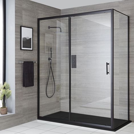 Hudson Reed Nox - Douche Italienne d’Angle avec Porte Coulissante et Receveur de Douche Effet Texturé Gris Graphite 140cm x 90cm - Noir (1/5)
