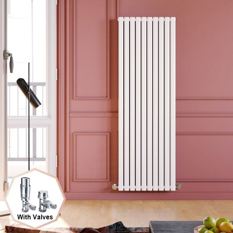 ELEGANT 1800 x 590 mm White Modern Tall Bar Rads Double Oval Panel Designer Bathroom Radiator + Chrome Thermostatic Radiator Valves (1/5)