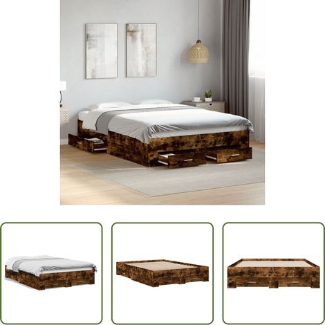vidaXL Bois d'ingénierie - Cadre de lit avec tiroirs sans matelas chêne fumé 140x190 cm (1/5)