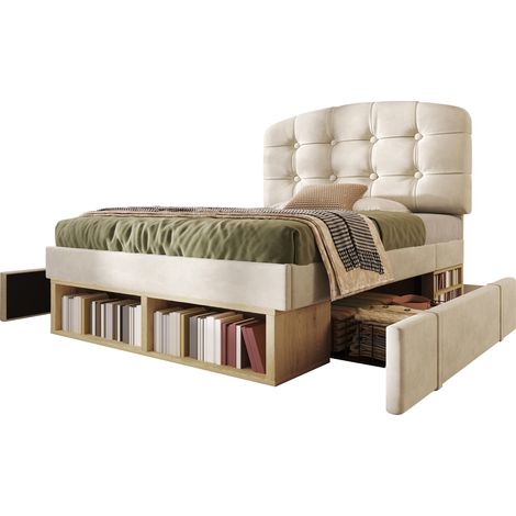 Lit 90x200 cm, lit capitonné velours beige avec sommier à lattes, cadre de lit à tête de lit incurvée réglable, lit avec tiroirs et rangement, lit adolescent, lit de chambre sans matelas (1/5)
