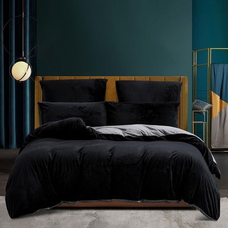 Bettwäsche-Set 200x220 cm Schwarz Thermo Fleece Kuschelig Warm mit Reißverschluss