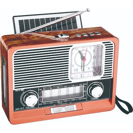 Radio solaire vintage AM/FM/SW : Bluetooth, lecture TF/USB, horloge, lampe LED – Power bank 1200mAh, design classique,Grain de bois de pêcher (1/5)