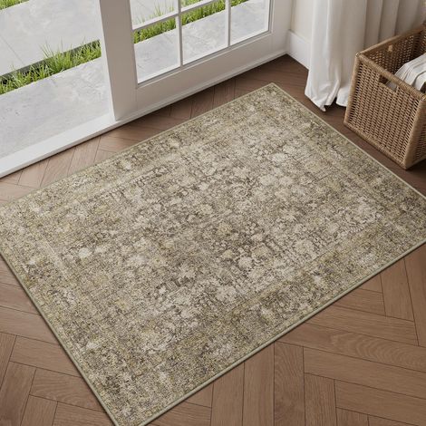 Vintage Tapis Entree 60x90cm Marron Lavable en Machine Rug Petit Rugs,Antidérapant Chambre Enfant Carpets,Descente de Lit,Cuisine,Interieur Doux Poil Ras Carpet,Salle de Jeux (1/5)
