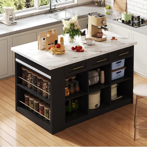 Îlot de cuisine 150/90/90 cm noir et blanc avec table escamotable, tiroirs et rangements (1/5)