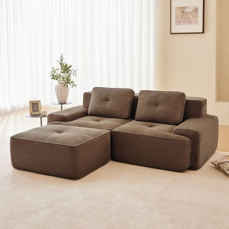 Canapé d'angle 2 places modulaire en Velours côtelé avec 1 pouf,Sans cadre,32D Élastique,Sièges extra profonds,204x177x69cm,Marron