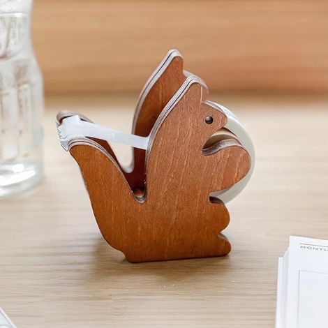 Distributeur de ruban adhésif transparent - Mignon écureuil en bois, idéal pour les bureaux et les bureaux d'école. (1/4)