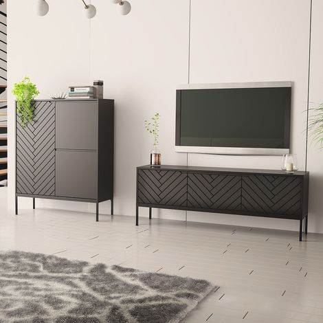 Wohnzimmer Set 2-teilig modern in schwarz matt mit gefrästen Fronten ANGERA-140 (1/5)