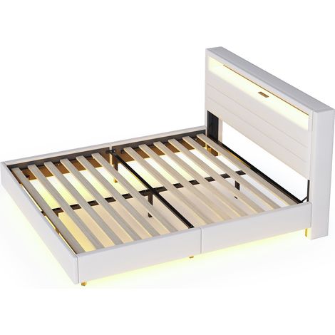Cama tapizada 140x200 cm beige con USB y LED, cabecero abatible (1/5)