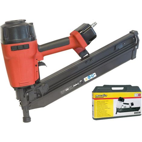 Mecafer – Cloueur pneumatique 50-90mm pour bois dur – Pression 5-8 bars – Léger 3,2 kg – Magasin angulaire 21° – Profondeur ajustable (1/3)