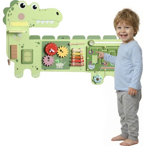 Tableau d'activités en bois Montessori, dinosaure mural avec xylophone, horloge, engrenages et barres sonores (1/5)