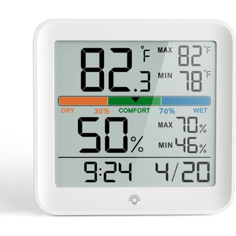 Thermometre interieur hygrometre-thermomètre digital maison avec Grand rétroéclairage tactile, Max/Min Horloge de Confort d'Air Moniteur humidimetre pour Serre Chambre de Bébé Chambre,Blanc (1/5)
