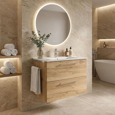 Meuble de salle de bain suspendu 80 cm avec 2 tiroirs et lavabo inclus Chêne africain – Reva