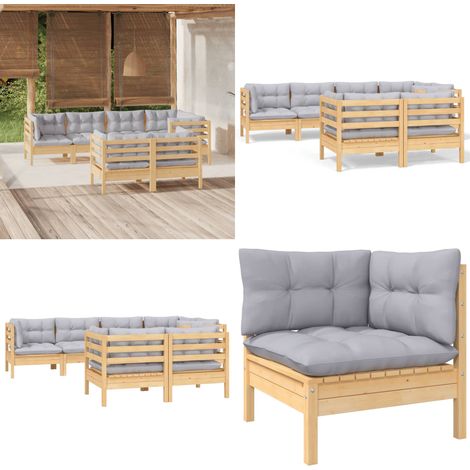 7-tlg. Garten-Lounge-Set mit Grauen Kissen Kiefer Massivholz - Gartensessel - Lounge Set - Gartenmöbel - Outdoor Möbel - Rattan Sessel - Home & Living (1/5)