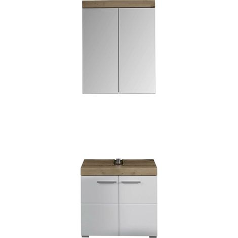 AMANDA - Ensemble salle de bain 2 pièces. mélaminé couleur chêne/blanc brillant L - H - P : 60 - 190 - 34 cm (1/5)