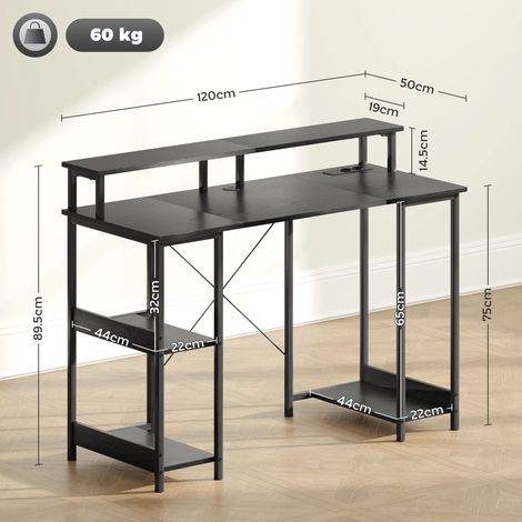 Table d'ordinateur réversible avec prise électrique, éclairage, support pour écran et étagère, 120 x 50 cm, noire (1/5)