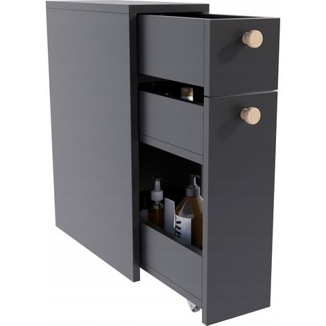 Frodo schmaler Badezimmerschrank, schwarz, Einbauschrank, auf Rollen, 60x45x21 (1/5)
