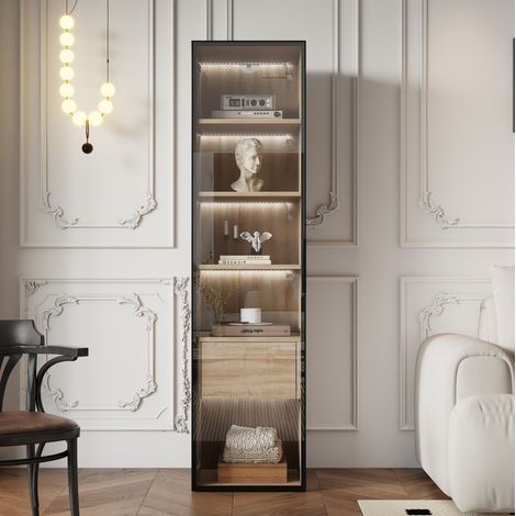 Meuble de salle de bain 40 cm avec barre lumineuse, 1 grand tiroir, 1 porte en verre trempé et niches ouvertes, rangement gain de place en MDF bois clair  CHICFURN (1/5)