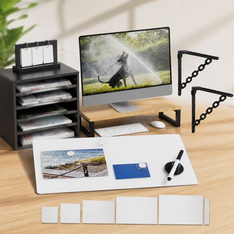 Set da ufficio domestico in stile industriale (4 pezzi) - Supporto per monitor, portadocumenti, gancio portachiavi e lavagna in vetro (1/5)