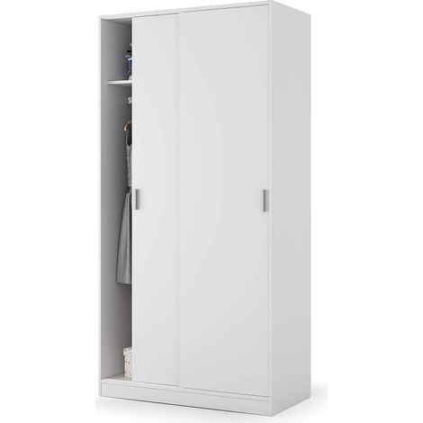 Armoire Robuste et Multi-usages avec 1 étagère 2 Portes coulissantes et 1 Porte-Manteau pour Chambre à Coucher, décoration 200 x 100 x 50 cm, Couleur Blanche (1/5)