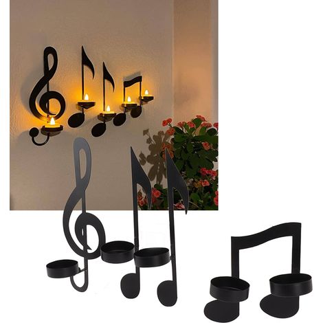 Applique murale noire à motif de notes de musique (4 pièces) avec bougeoir en métal (1/5)