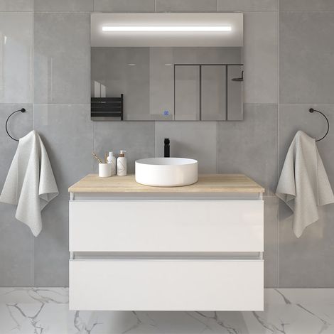 Meuble de salle de bain avec vasque à poser ronde - blanc - BALEA et miroir Led STAM - 80cm (1/5)