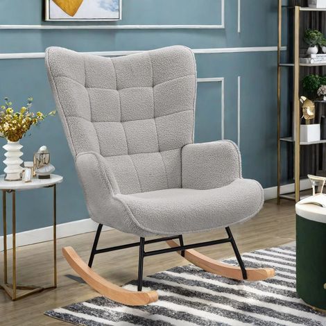 Chaise à bascule confortable style nordique – fauteuil rembourré avec dossier haut – usage intérieur et extérieur,Gris clair