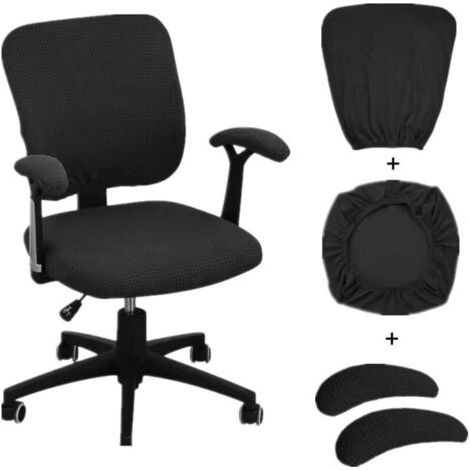 Ensemble de 4 housses de chaise de bureau universelles et extensibles pour ordinateur, comprenant un siège, des accoudoirs et un dossier pivotant (noir). (1/4)