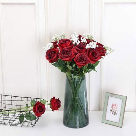Rose Artificielle Fleurs en Soie Bouquet Home Office Arrangements De Mariage Vin Vin Rouge (10 PCS) Vin R FLEUR-PLANTE ARTIFICIELLE (1/5)