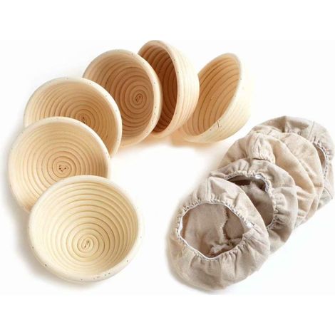 Juego de 6 cestas de fermentación de ratán natural, de 12,5 cm, con forro de lino para la elaboración de pan artesanal. (1/5)